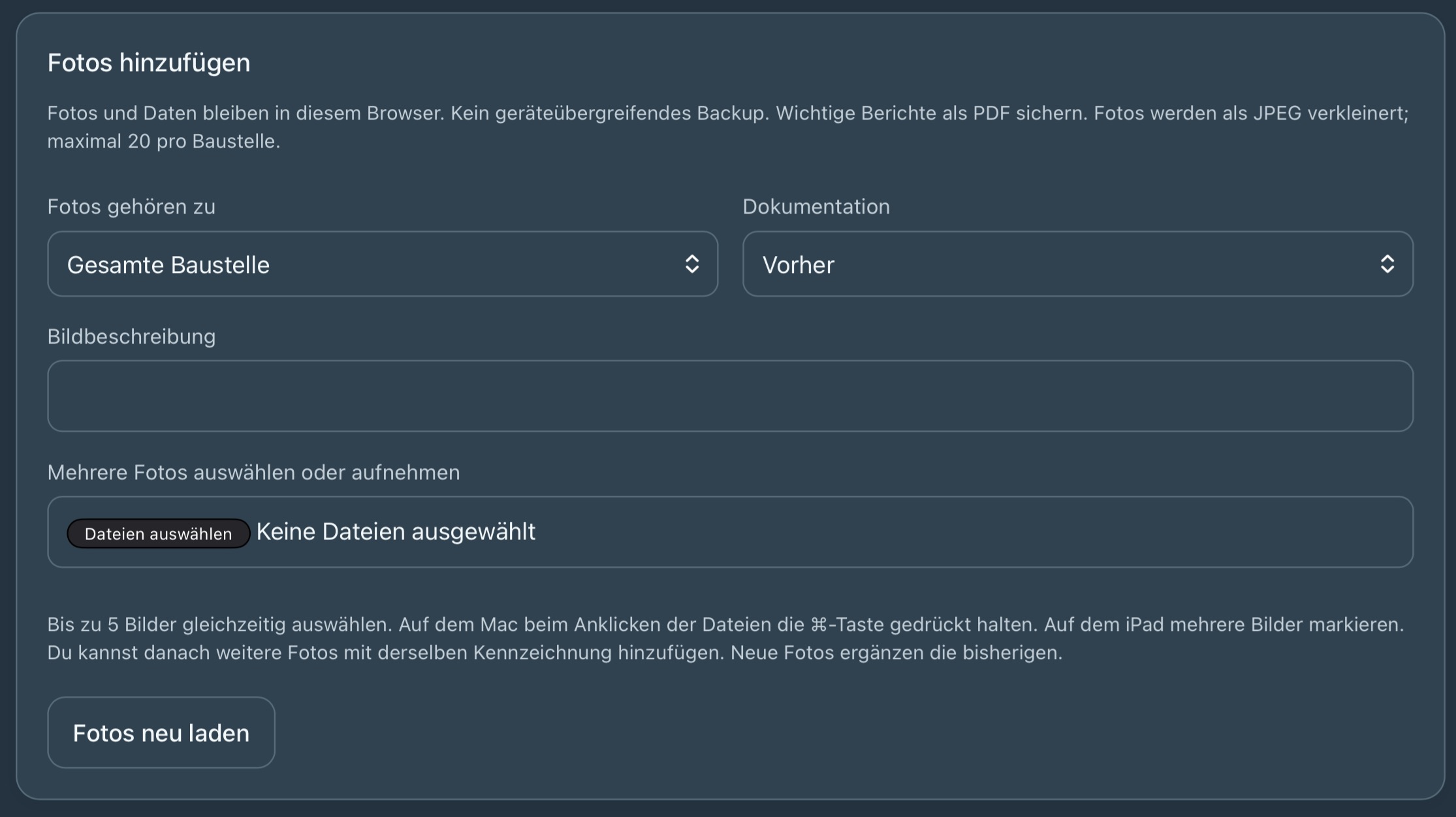 Originalansicht aus einem BiggeFlow-Prototyp: Baustellenfotos auswählen, einem Auftrag zuordnen und als Vorher oder Nachher kennzeichnen